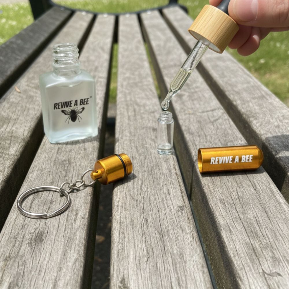 A Revive a Bee refill bottle being used to refill a bee revival keyring