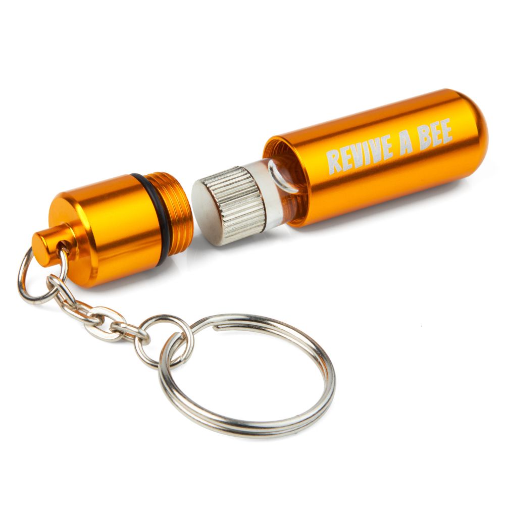 Gold Revive a Bee revival kit keyring with glass bee syrup vial